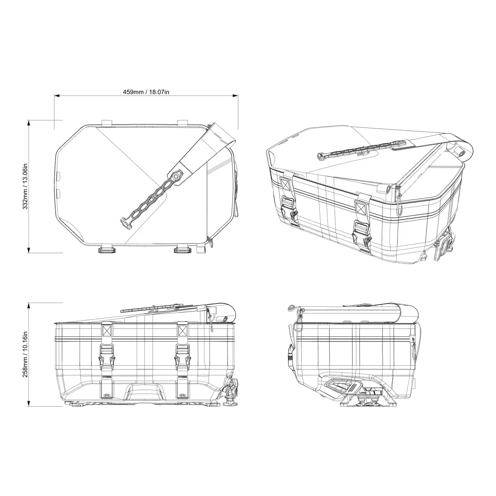 Technical drawing of a rectangular storage box with dimensions indicated
