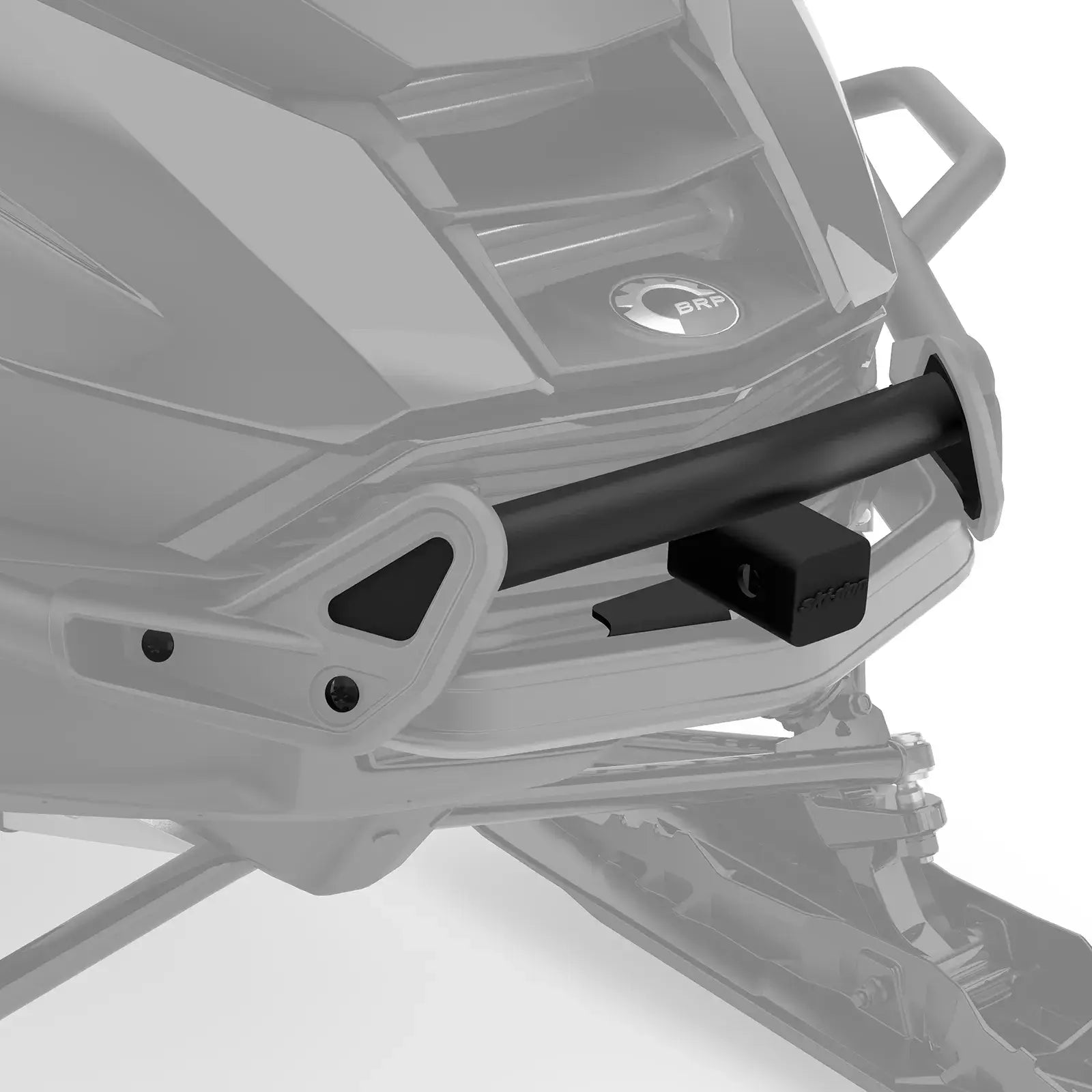 Close-up of a black bumper attachment on a vehicle, likely a snowmobile, with a white background.