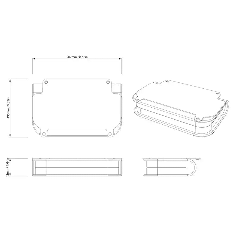 Technical drawing of a rectangular component with dimensions on a white background