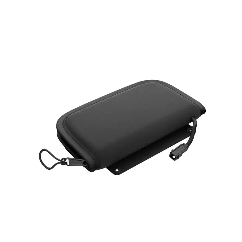 Black rectangular pouch with a strap on a white background