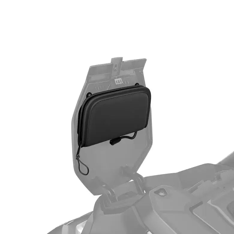 Black bag attached to a vehicle's luggage rack on a white background