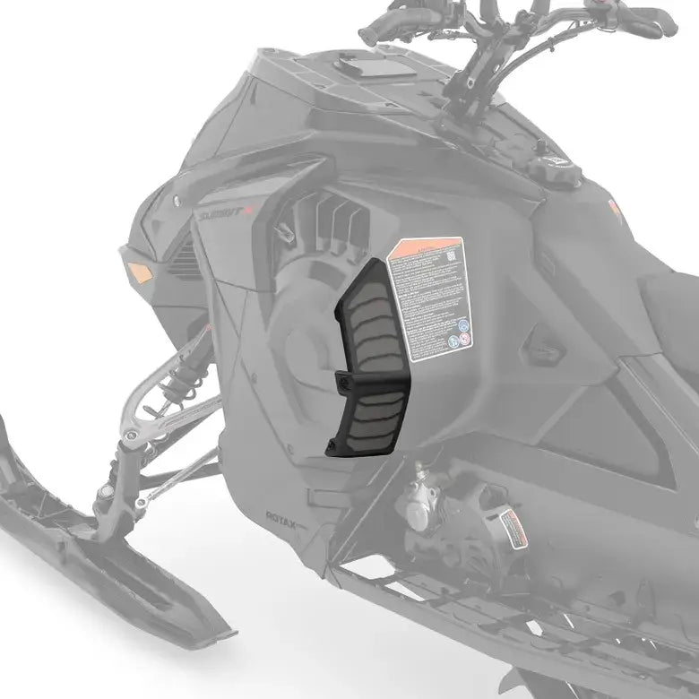 Black snowmobile guard on a snowmobile with a white background