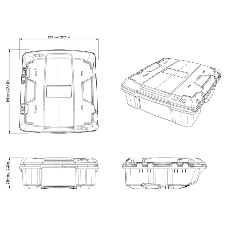 Technical drawing with dimensions of cargo box on white background