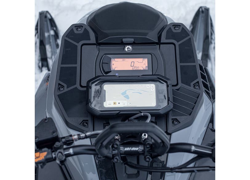 Ski-Doo Deep Snow cellphone mount plate in black on snowmobile dash with phone attached