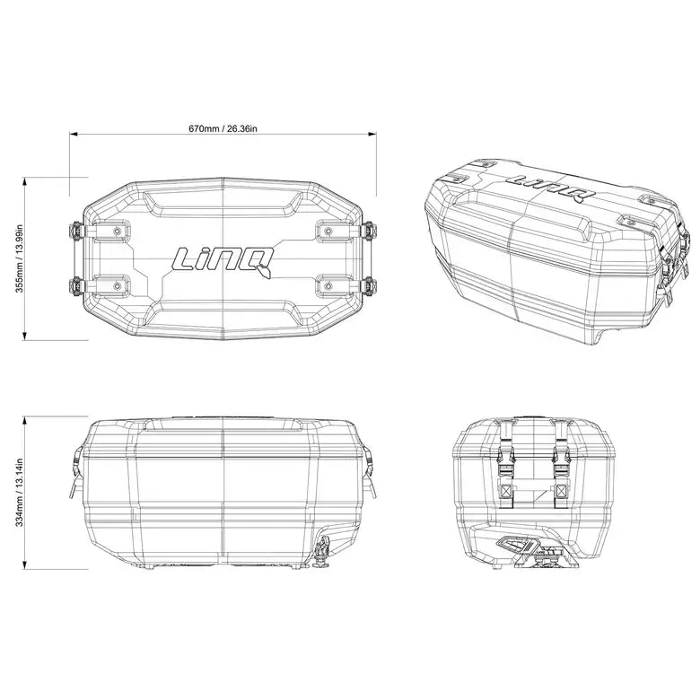 Technical drawing of a Linq suitcase with dimensions on a white background