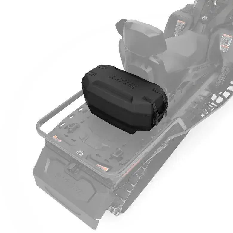 Black storage box attached to a vehicle on a white background