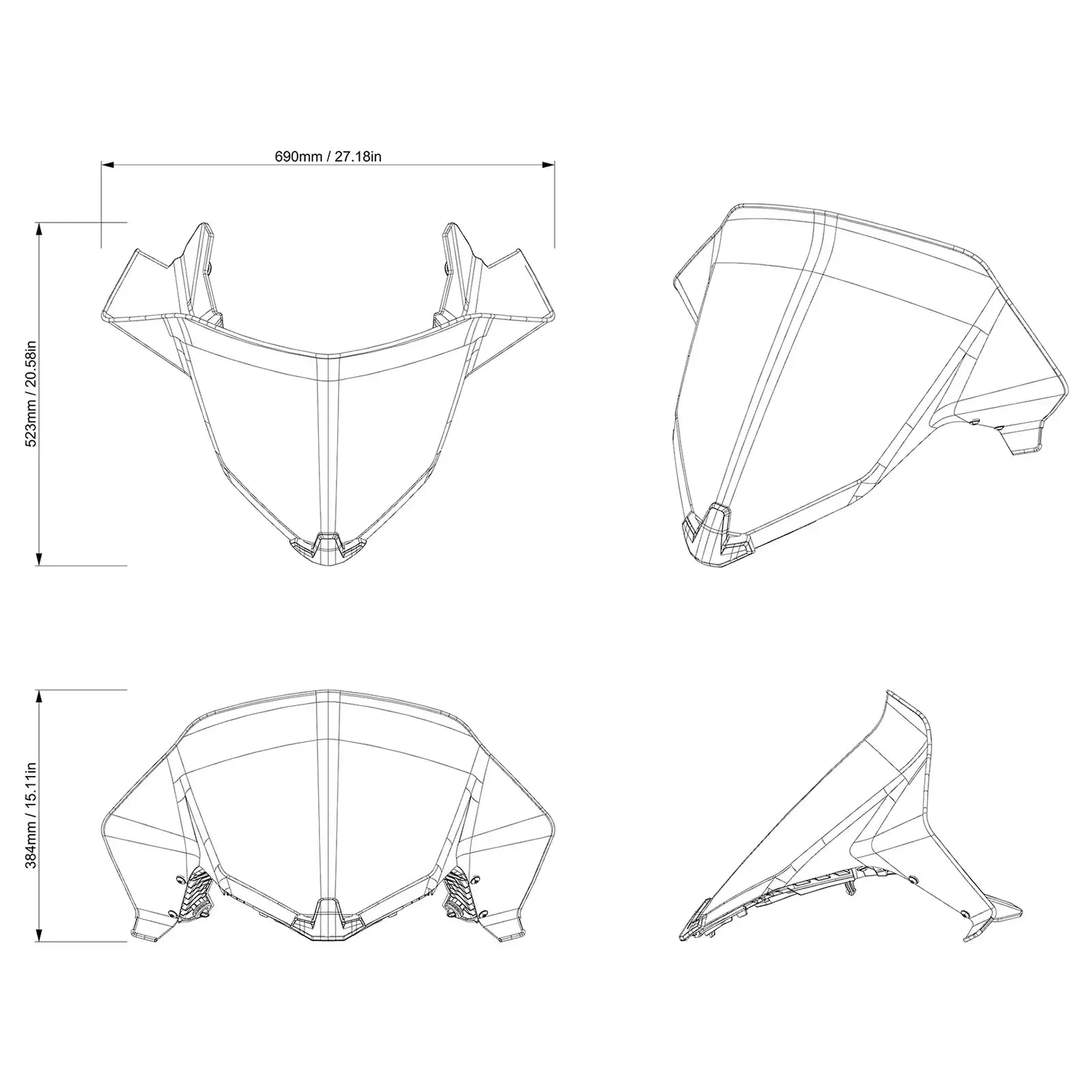 Technical drawing of a motorcycle fairing with dimensions on a white background