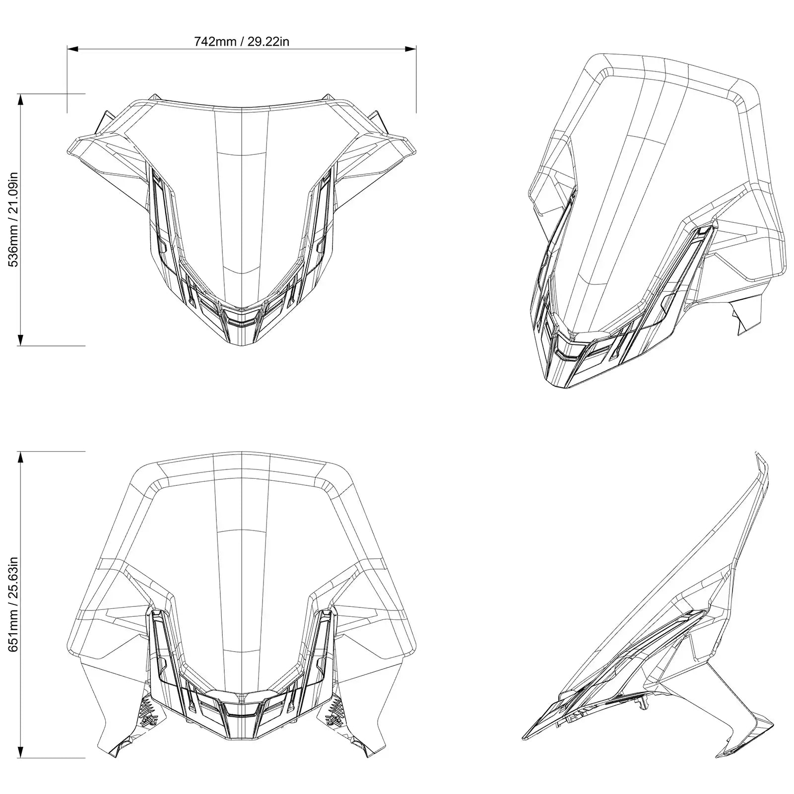 Technical drawing of a motorcycle helmet with dimensions on a white background
