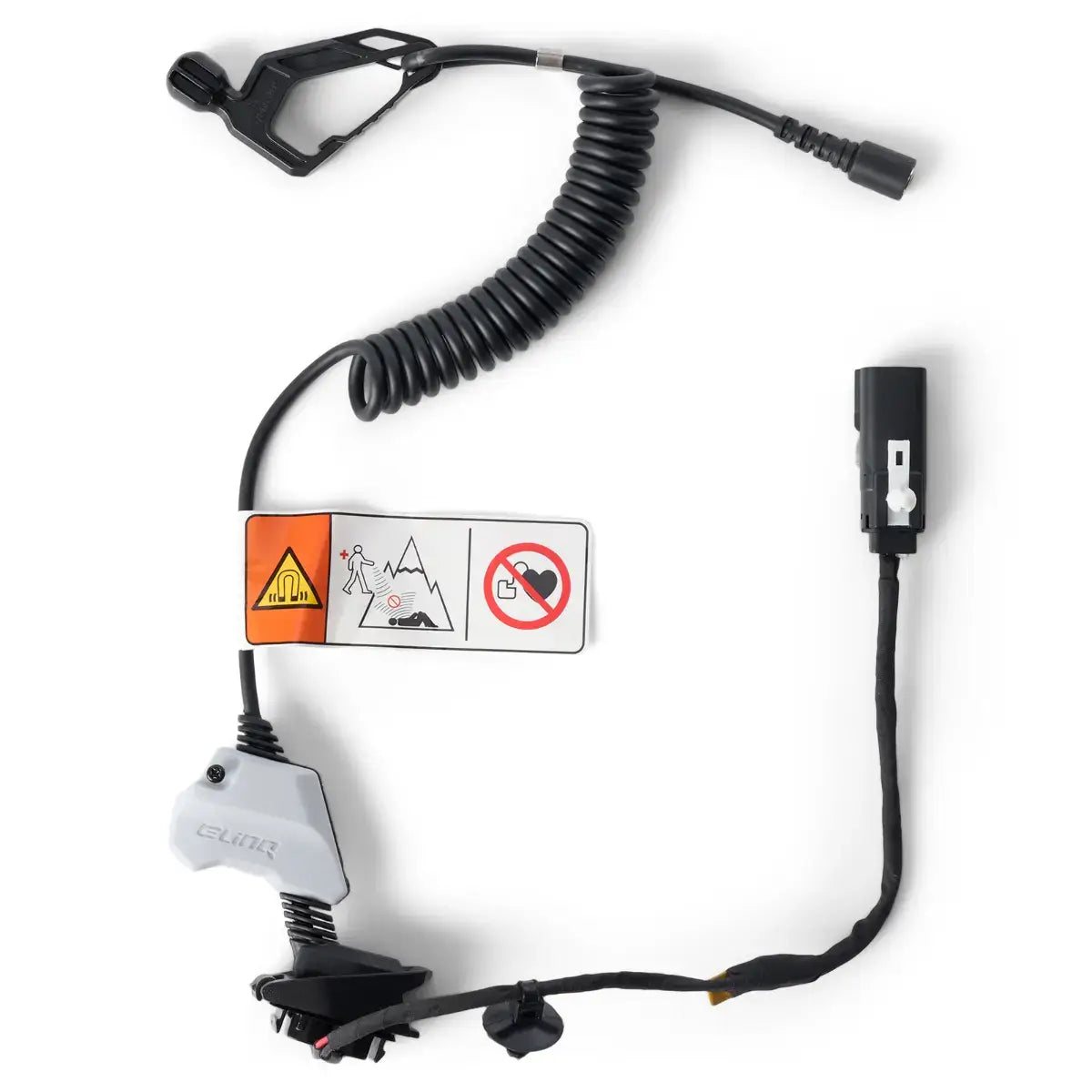 Coiled safety cable with warning label on a white background