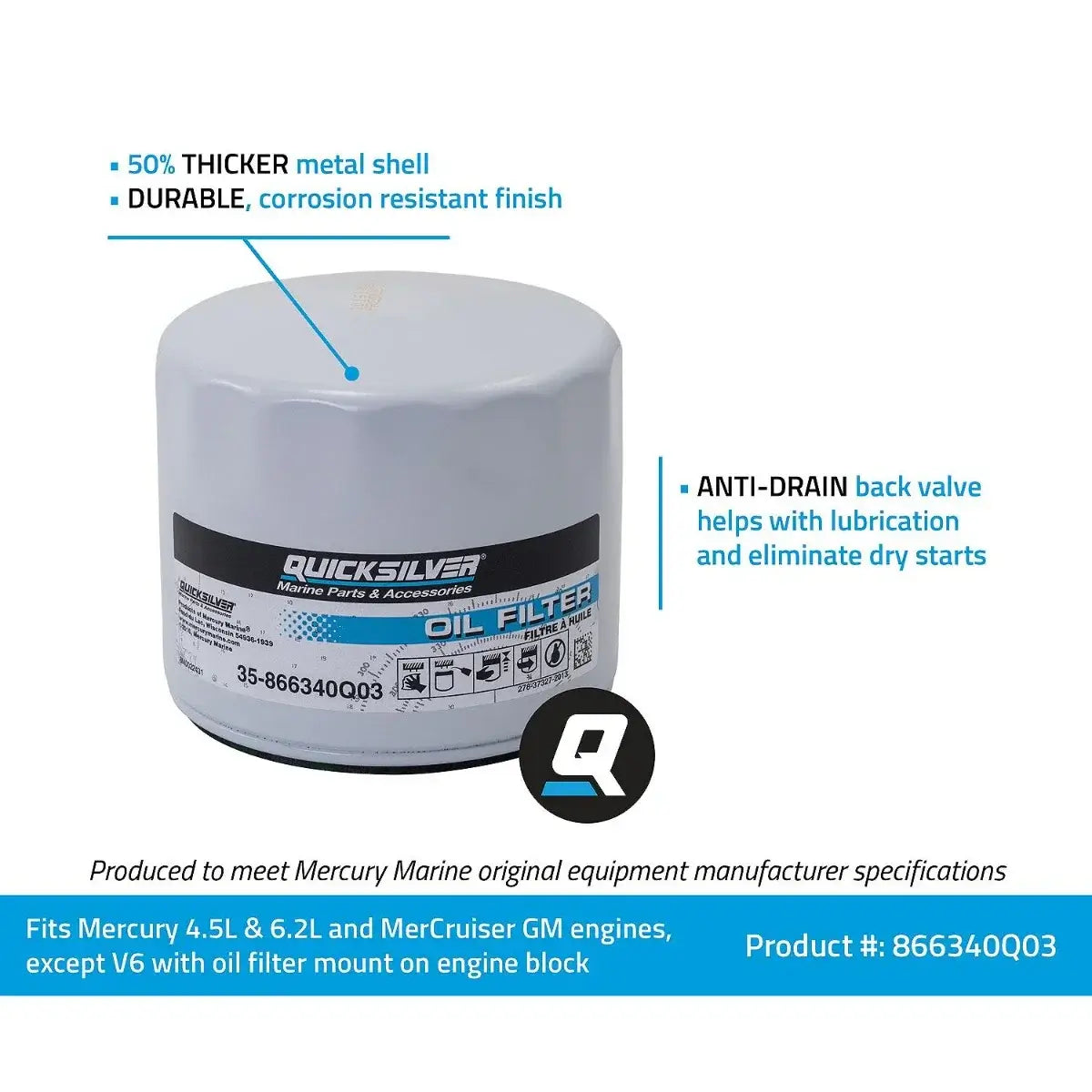 Quicksilver oil filter with features highlighted on a white background