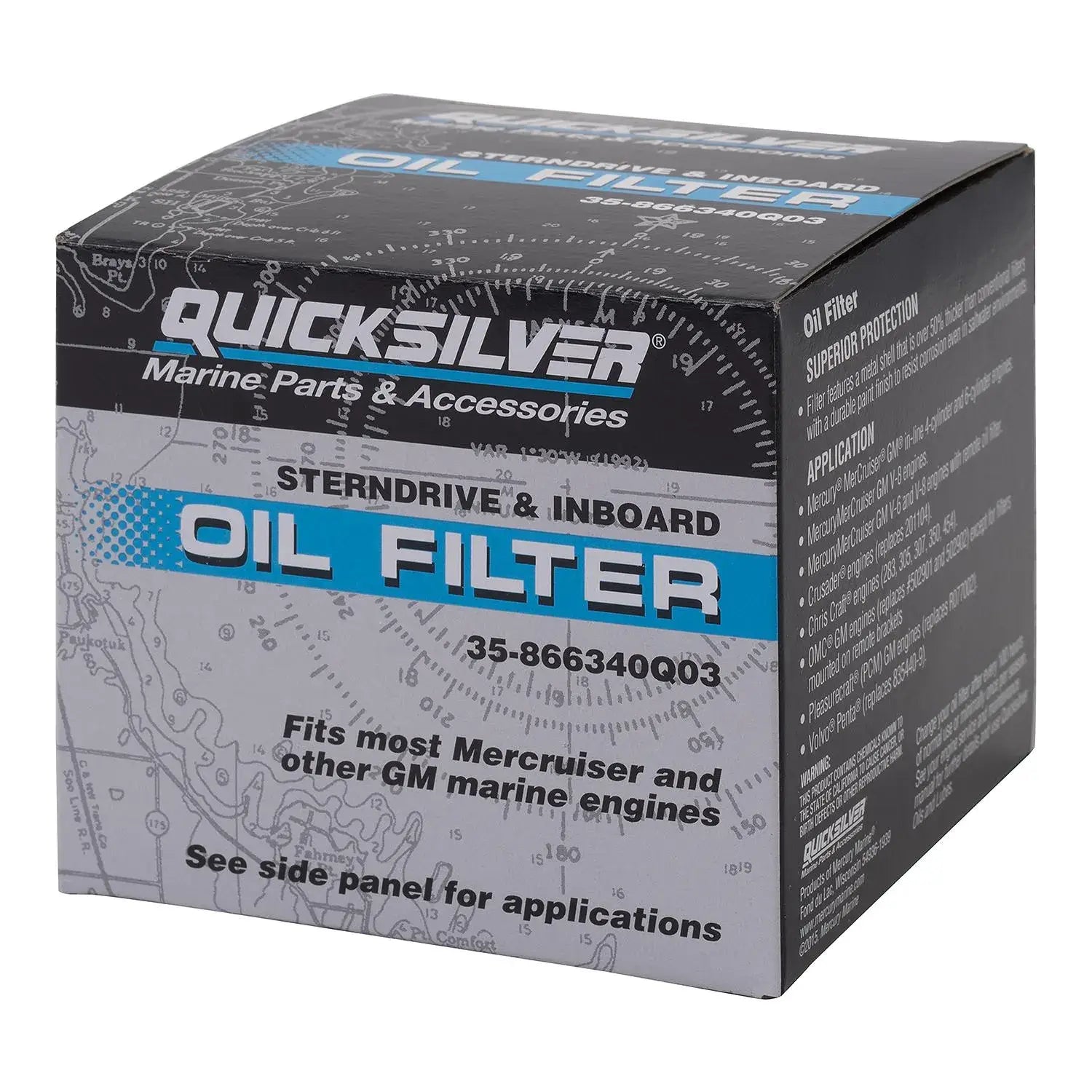 Quicksilver oil filter packaging on a white background