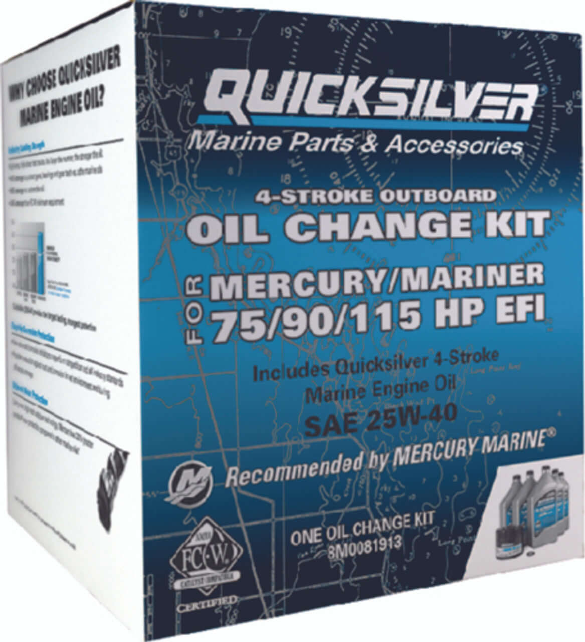 Quicksilver marine parts box for oil change kit with Mercury/Mariner engine specifications.