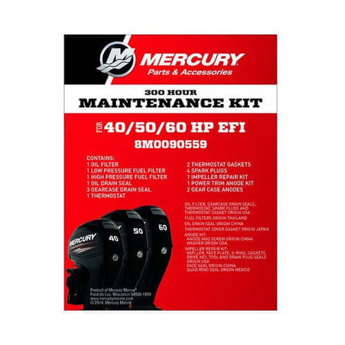 Mercury 300 Hour Maintenance Kit packaging with product details on a white background