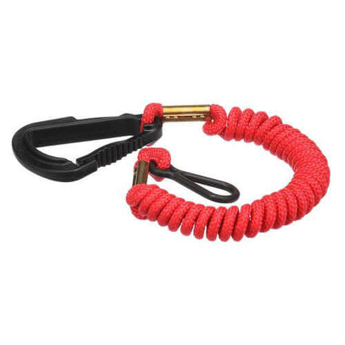 Red coiled leash with black clip on a white background