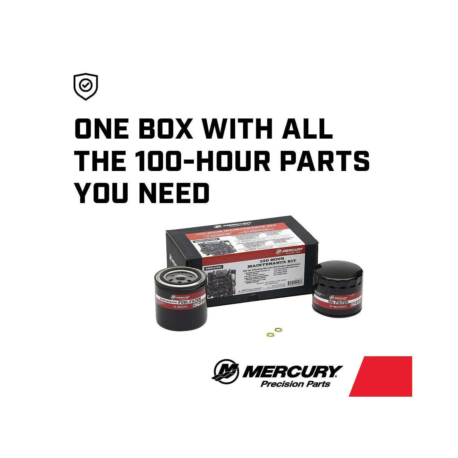 Mercury Marine 100-Hour Maintenance Kit box with oil filter and fuel filter, 8M0147051