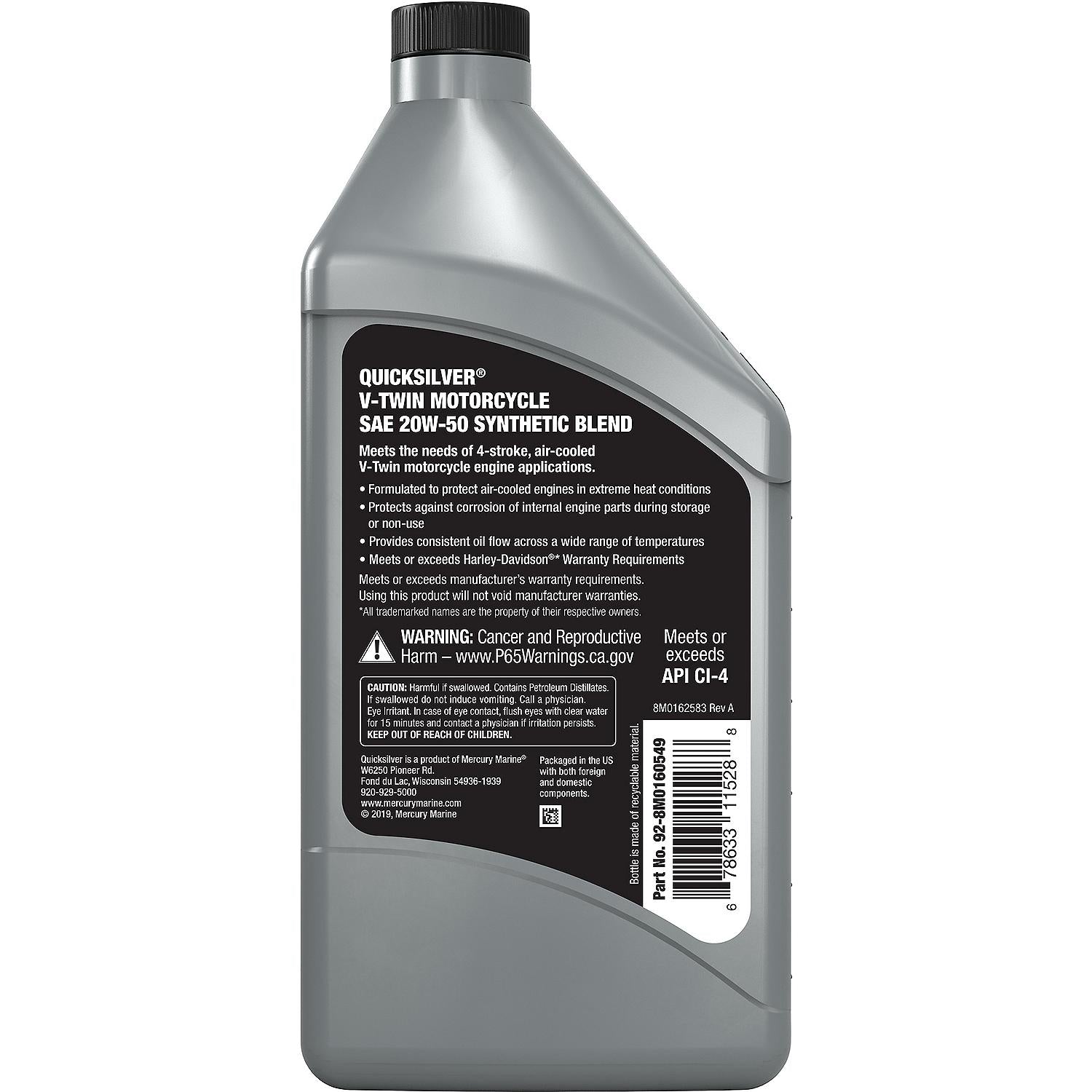 Quicksilver 20W-50 4-Stroke Synthetic Blend Motorcycle Oil, 1 Quart, Qty 6 - 8M0160549