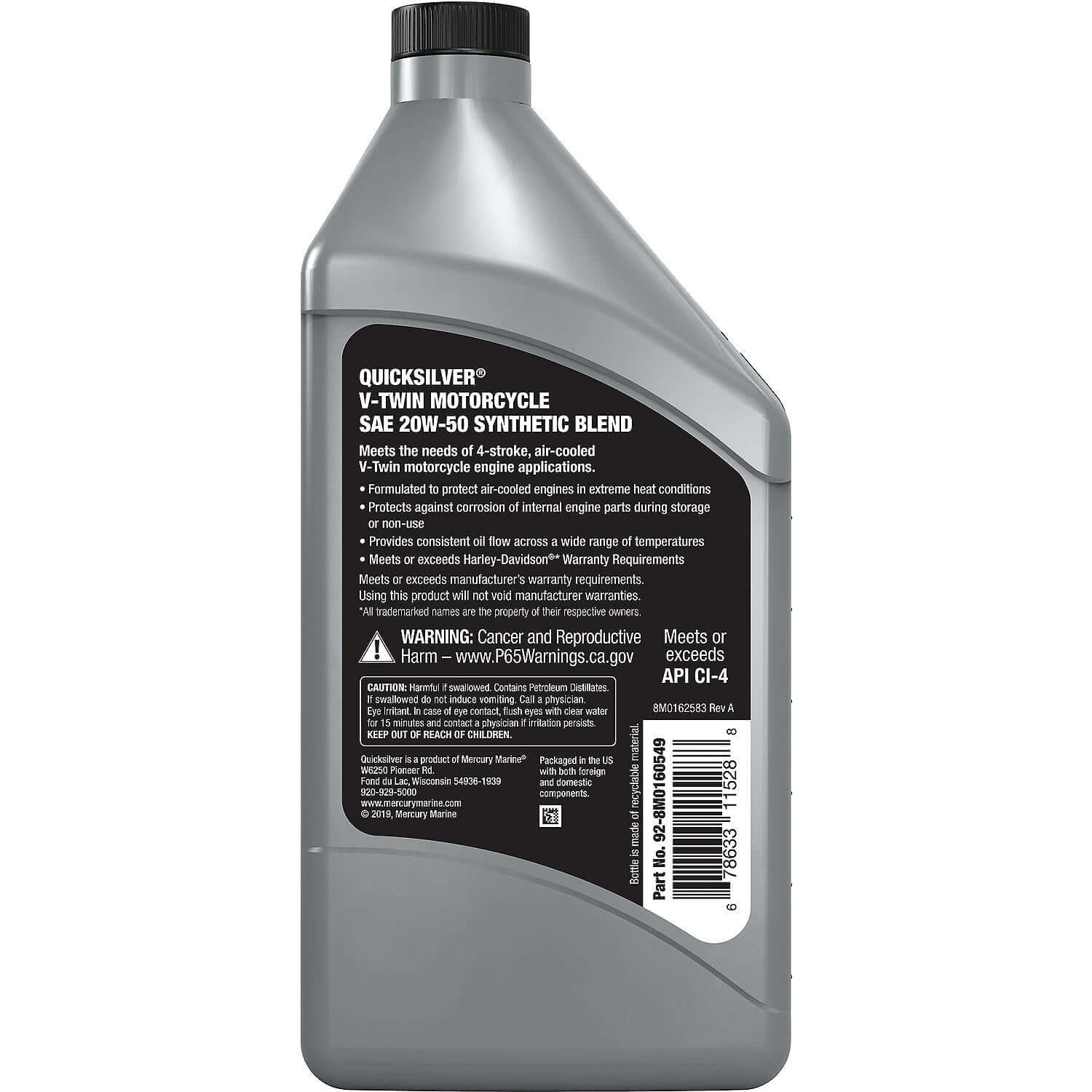 Quicksilver 20W-50 4-Stroke Synthetic Blend Motorcycle Oil, 1 Quart, Qty 6 - 8M0160549