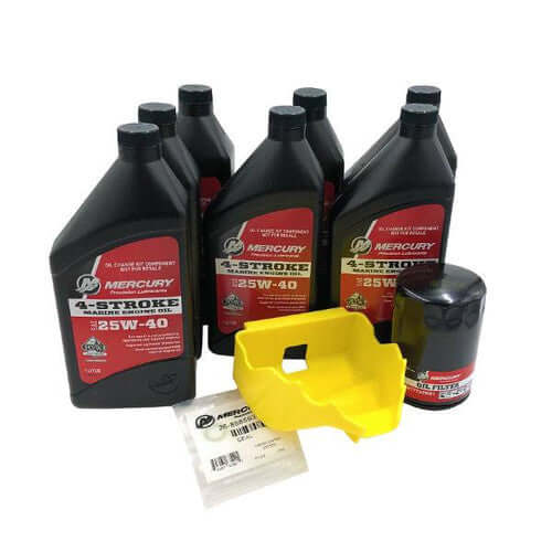 Collection of Mercury 4-stroke engine oil bottles and a yellow oil drip tray on a white background