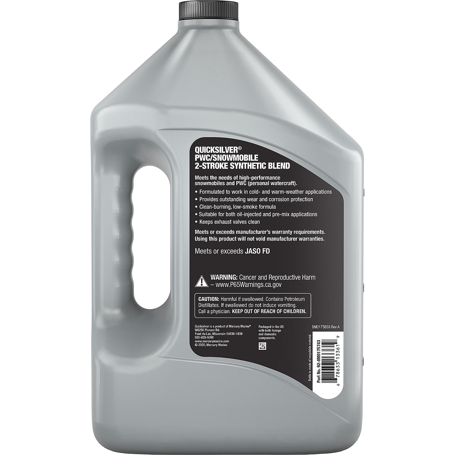 Quicksilver 2-Stroke PWC/Snowmobile Engine Oil, Premium Synthetic Blend, 1 Gallon - 8M0175743