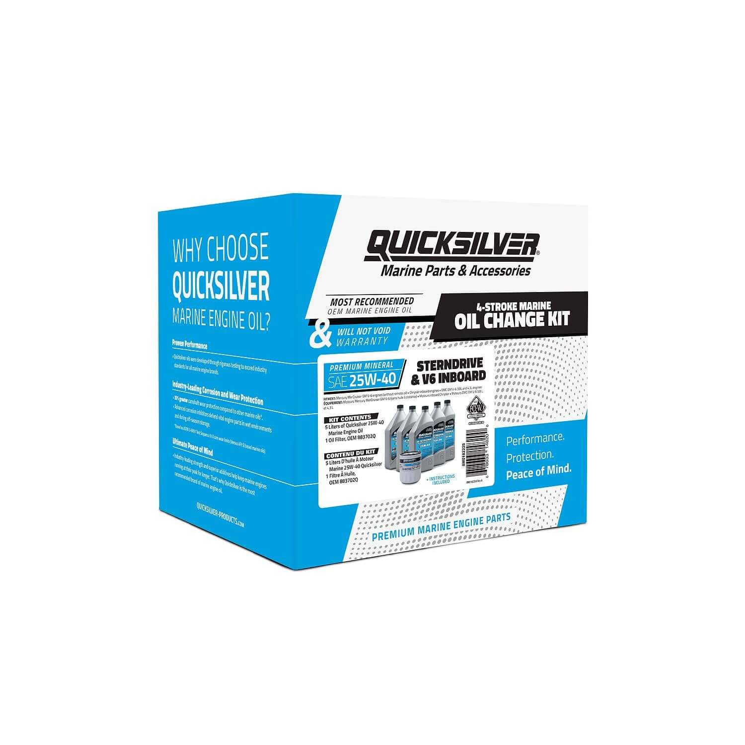 Kit de vidange d'huile Quicksilver 25W-40 pour moteurs V6 Inboard et Sterndrive, Mercury MerCruiser, OMC, Chrysler, 8M0182225