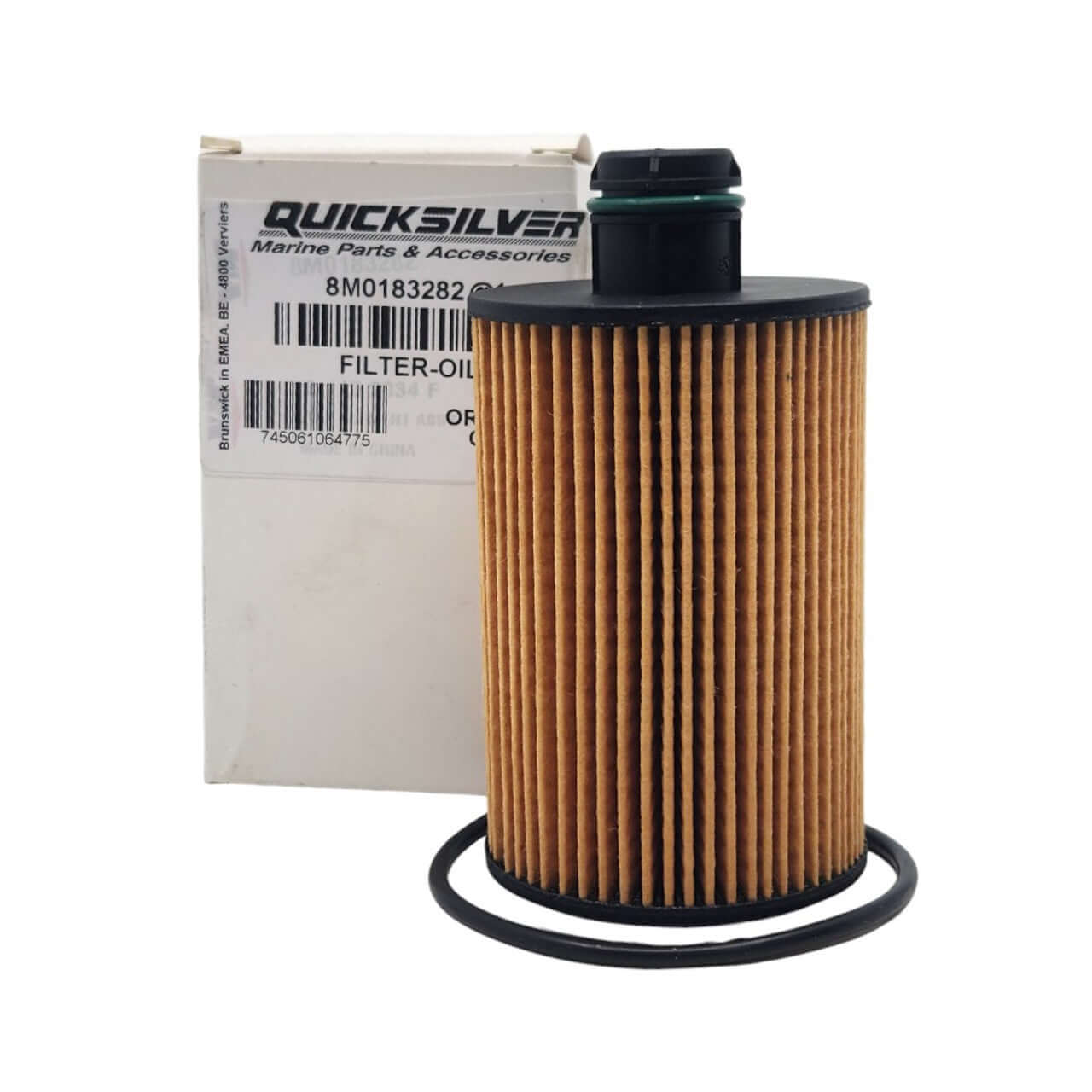 Quicksilver oil filter with packaging on a white background