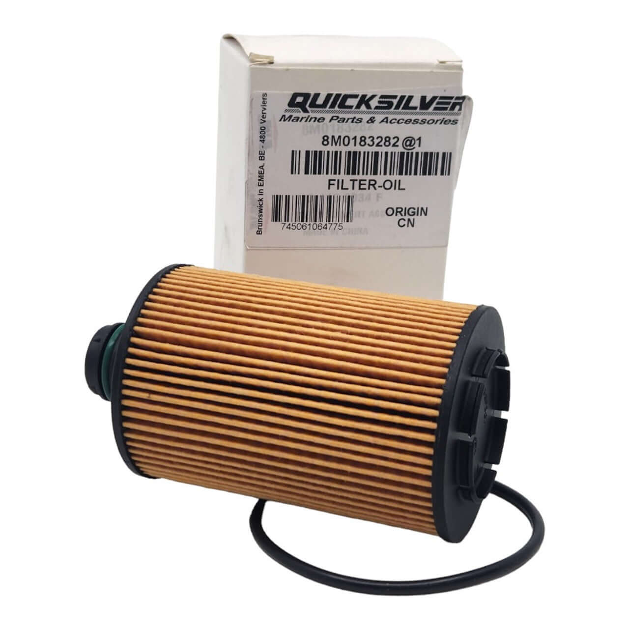 Quicksilver oil filter with packaging on a white background