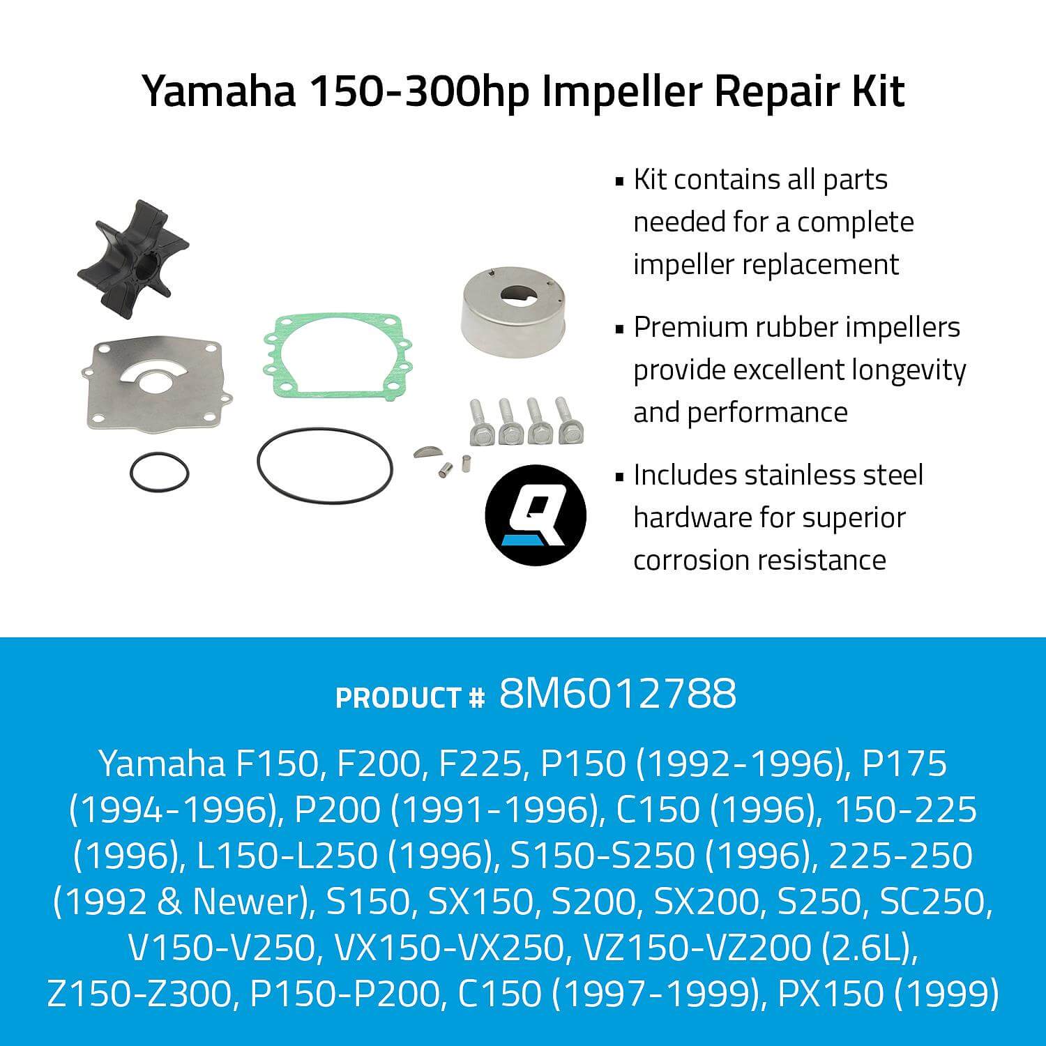 Quicksilver 8M6012788 Impeller Repair Kit for Select Yamaha 150-300hp Outboards