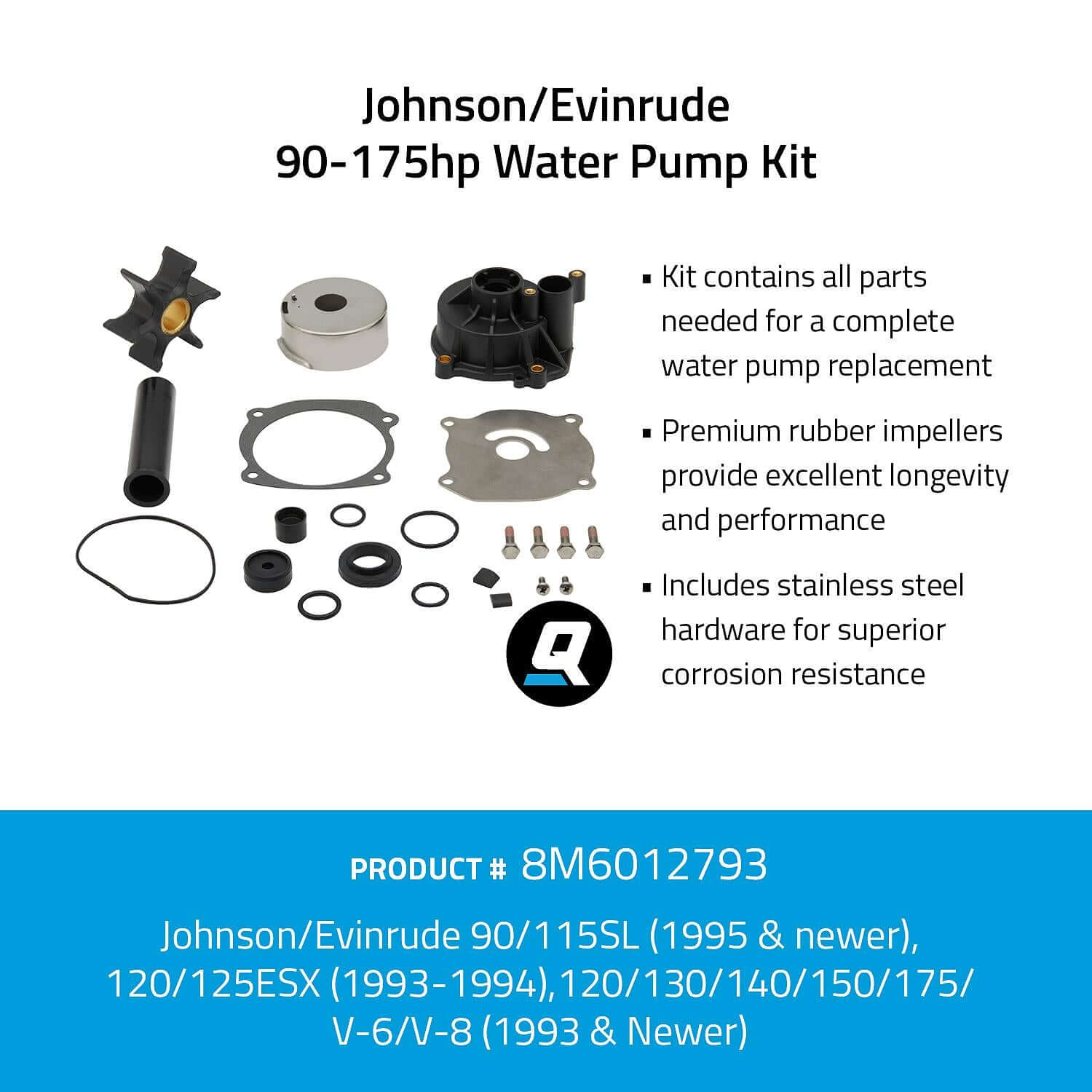 Quicksilver 8M6012793 Water Pump Kit for Select Johnson and Evinrude 90-175hp Outboards