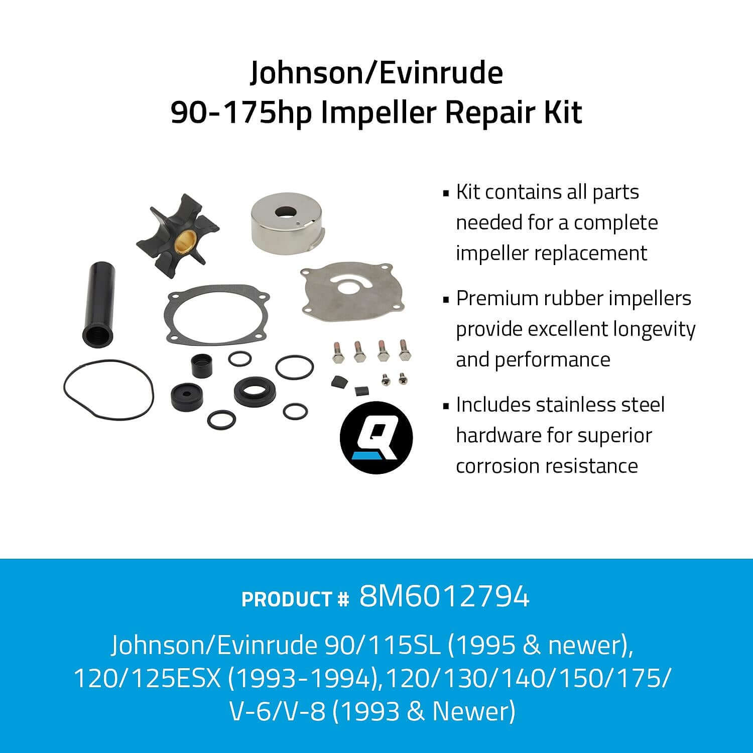 Quicksilver 8M6012794 Impeller Repair Kit for Select Johnson and Evinrude 90-175hp Outboards