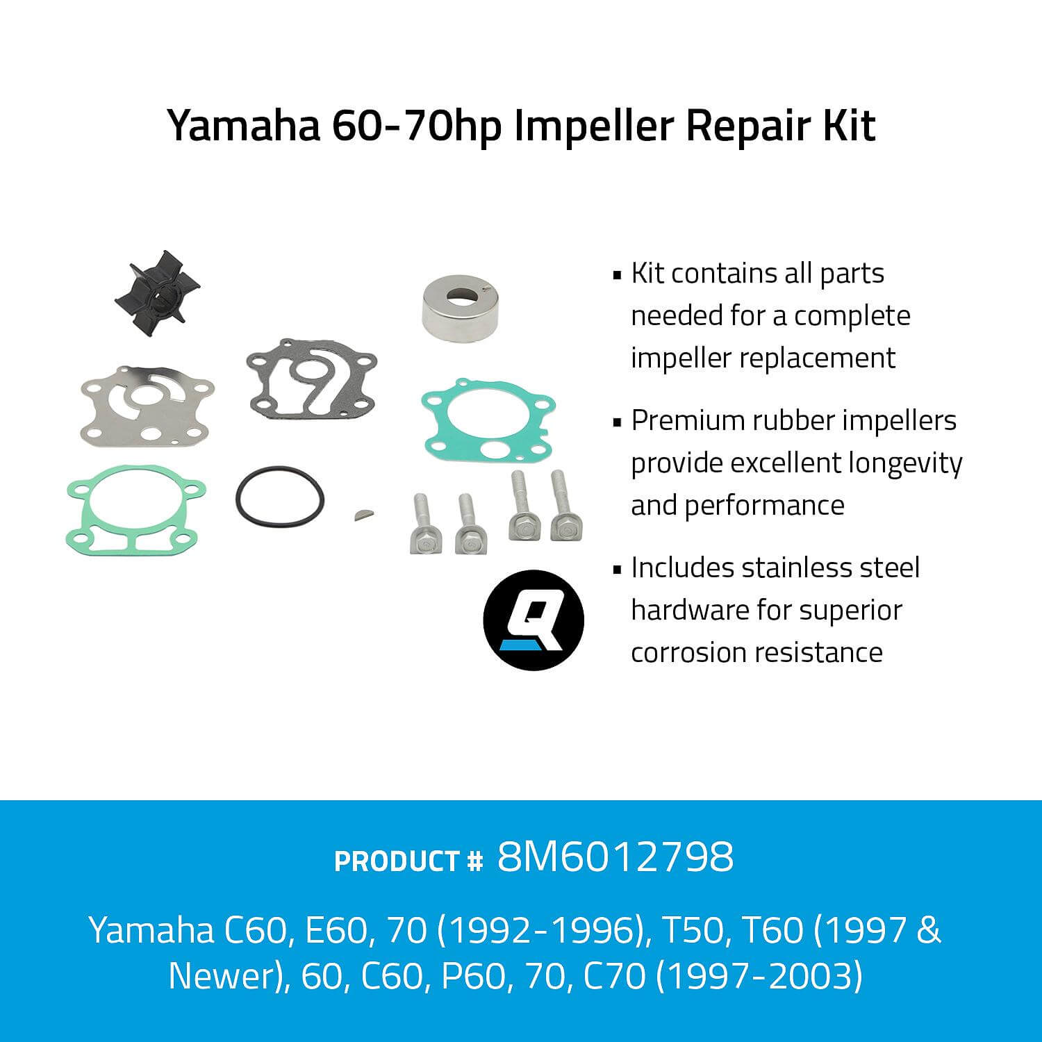 Quicksilver 8M6012798 Impeller Repair Kit for Select Yamaha 60-70hp Outboards