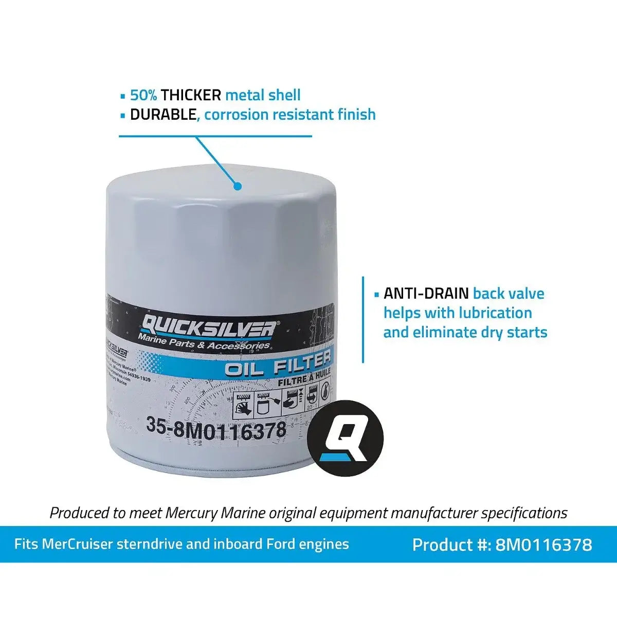 Quicksilver oil filter with features highlighted on a white background