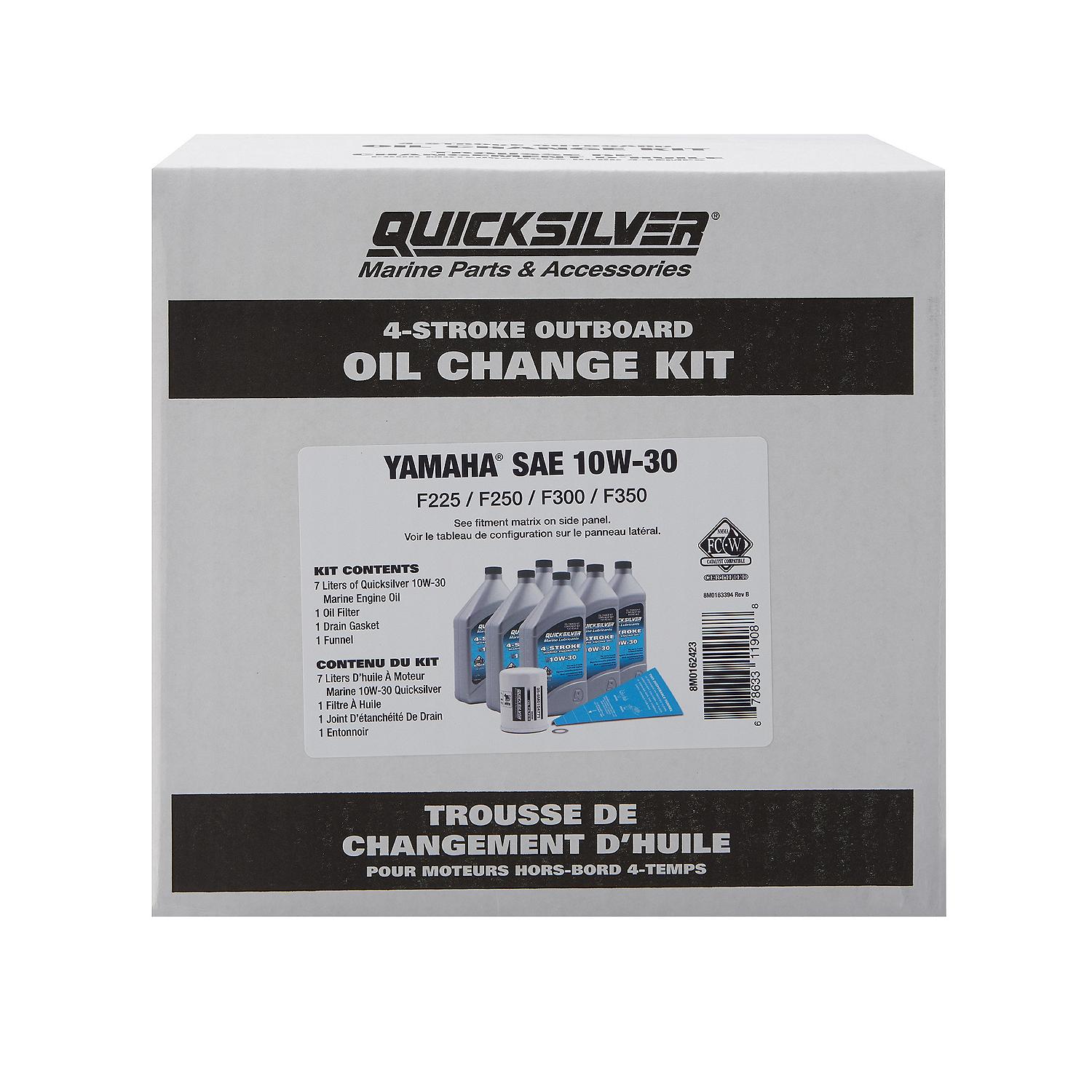 Kit de vidange d'huile Quicksilver 10W-30 pour moteurs hors-bord Yamaha 4 temps F225-F300, 7 litres - 8M0162423
