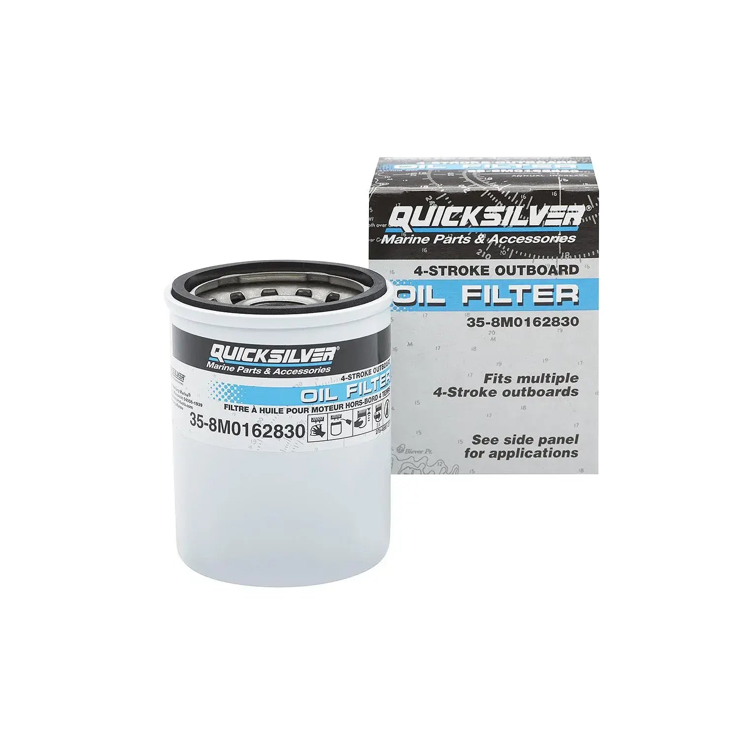 Quicksilver oil filter and packaging on a white background