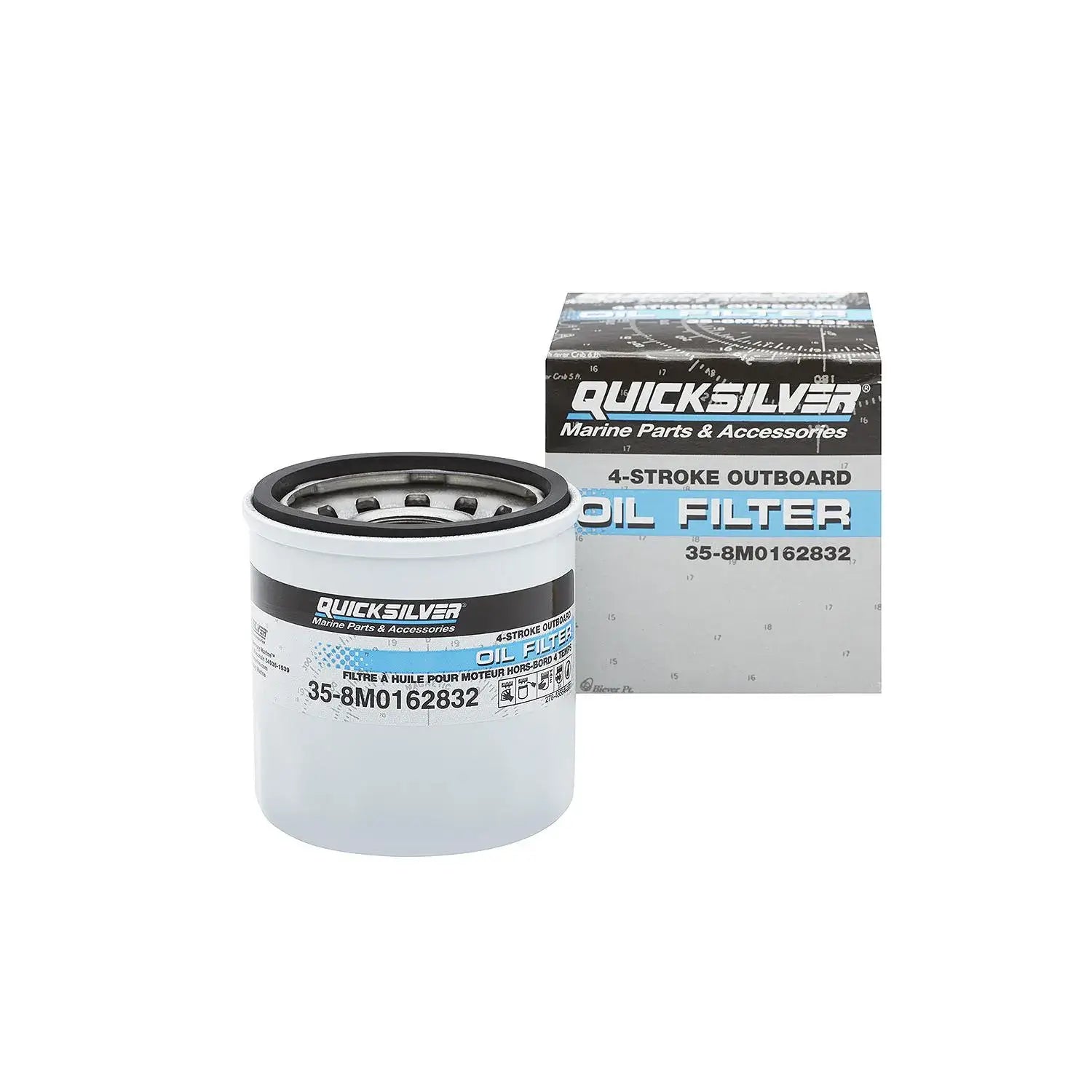 Quicksilver oil filter with packaging on a white background