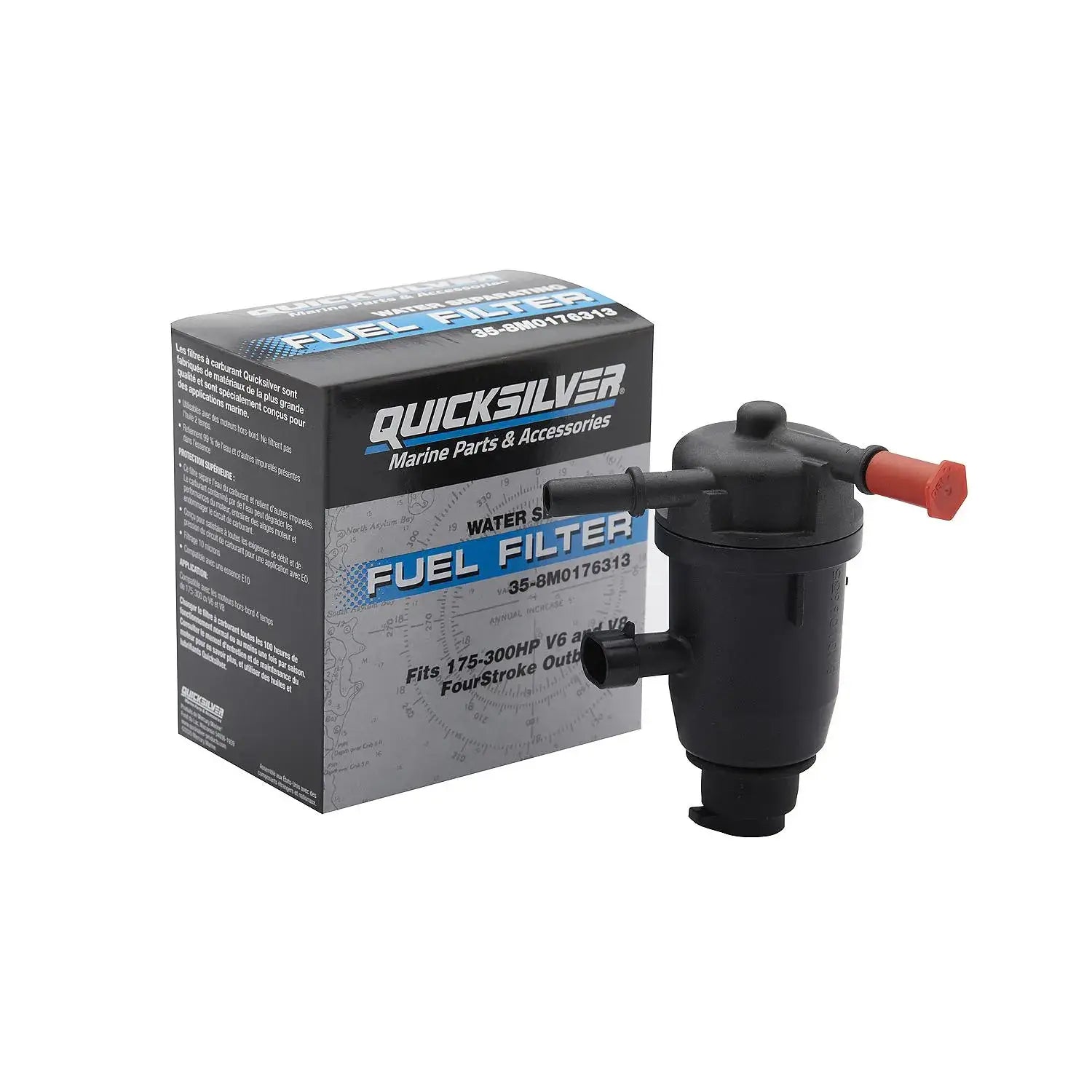 Quicksilver fuel filter with packaging on a white background