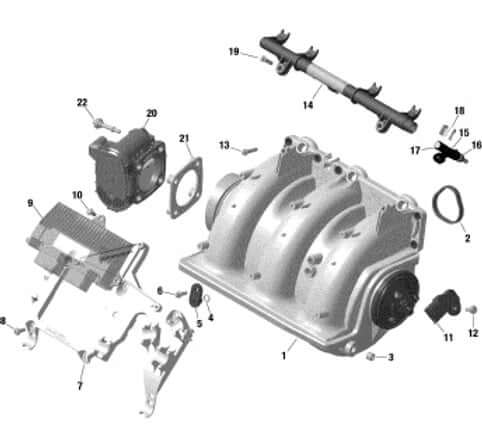 Detailed view of a Sea-Doo induction manifold assembly for 230/300 HP RXP RXT, showcasing components and fittings.