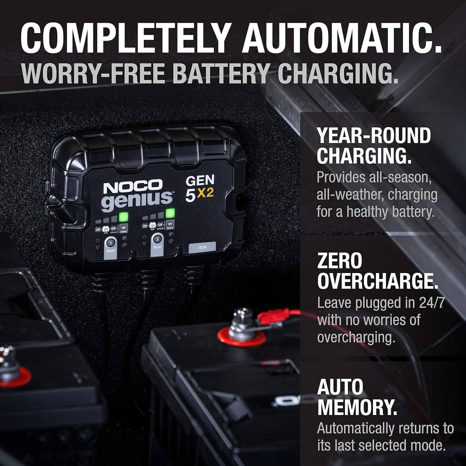 NOCO Genius GEN5X2: 2-Bank, 10A Onboard Battery Charger info card