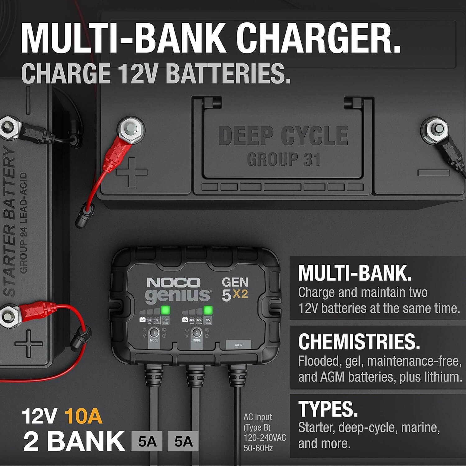 NOCO Genius GEN5X2: 2-Bank, 10A Onboard Battery Charger info card