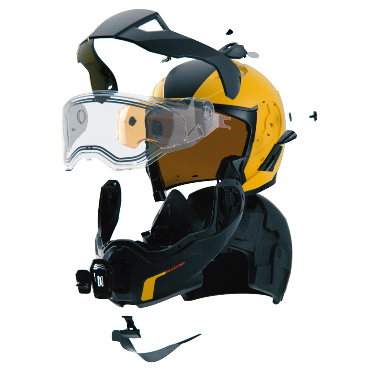 Ski-Doo Exome Sport Heated Helmet 929037 in Yellow, exploded view of components