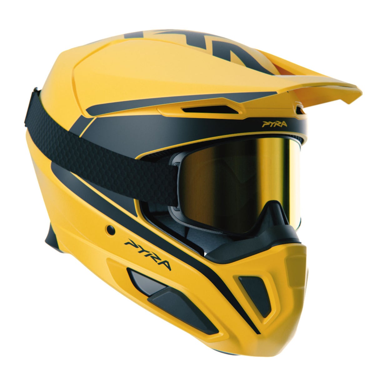 Ski-Doo Pyra Ultra-Light Helmet 929041 in Yellow with goggles, front view