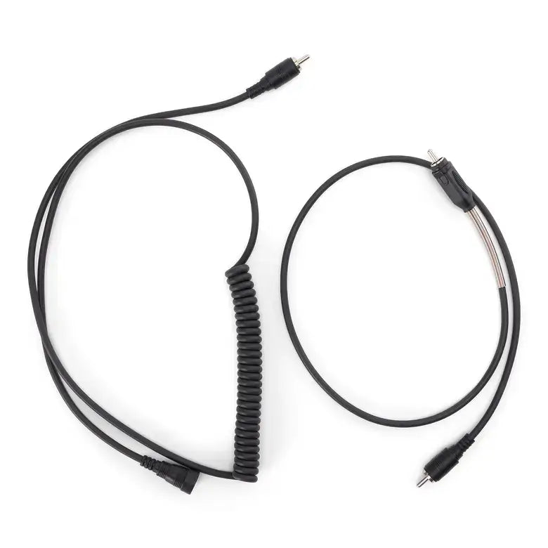 Two coiled black cables on a white background
