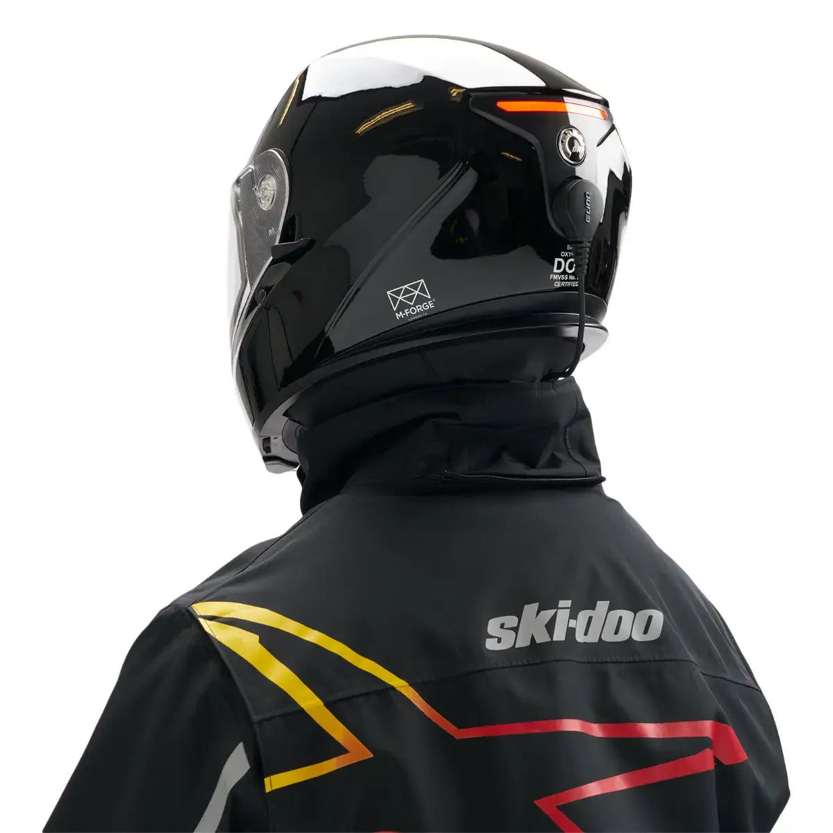 Person wearing Helmet on white background, rear view