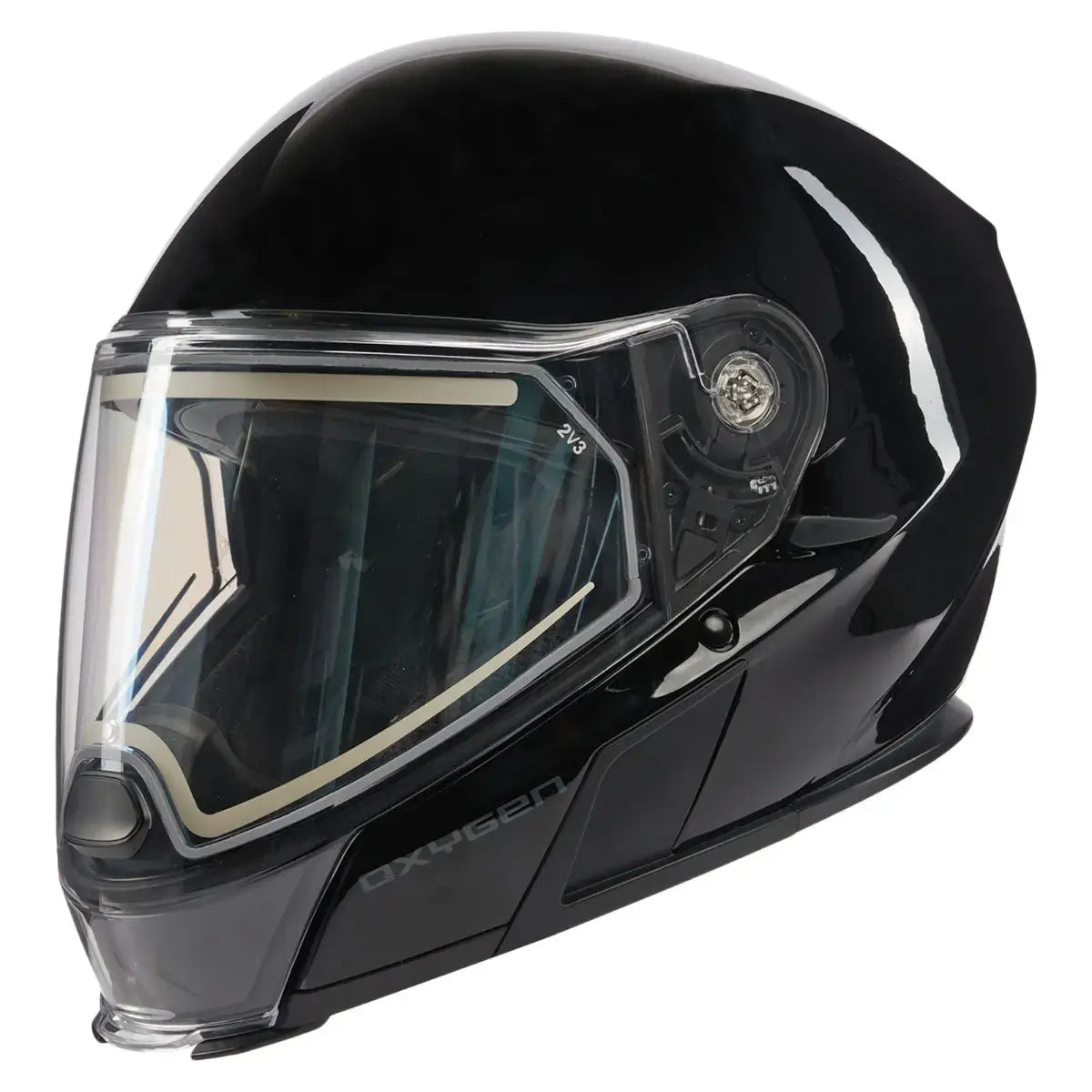 A black Ski-Doo heated helmet with an electric visor for snowmobile riding, featuring a clear panoramic vision visor and built-in ventilation system.