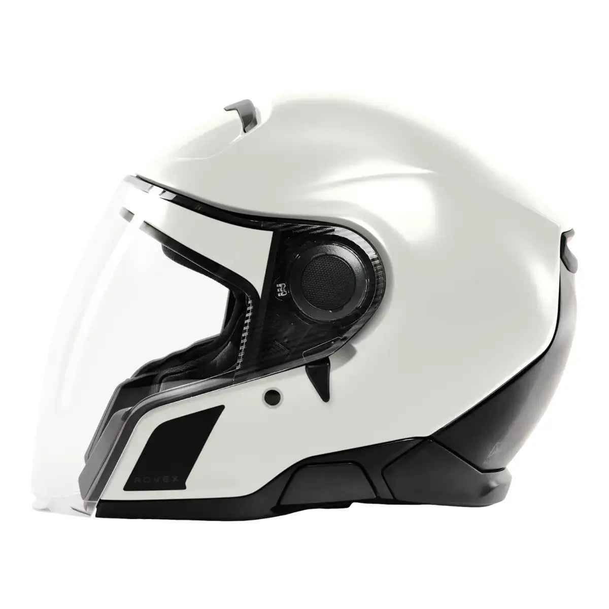White motorcycle helmet with a clear visor on a white background