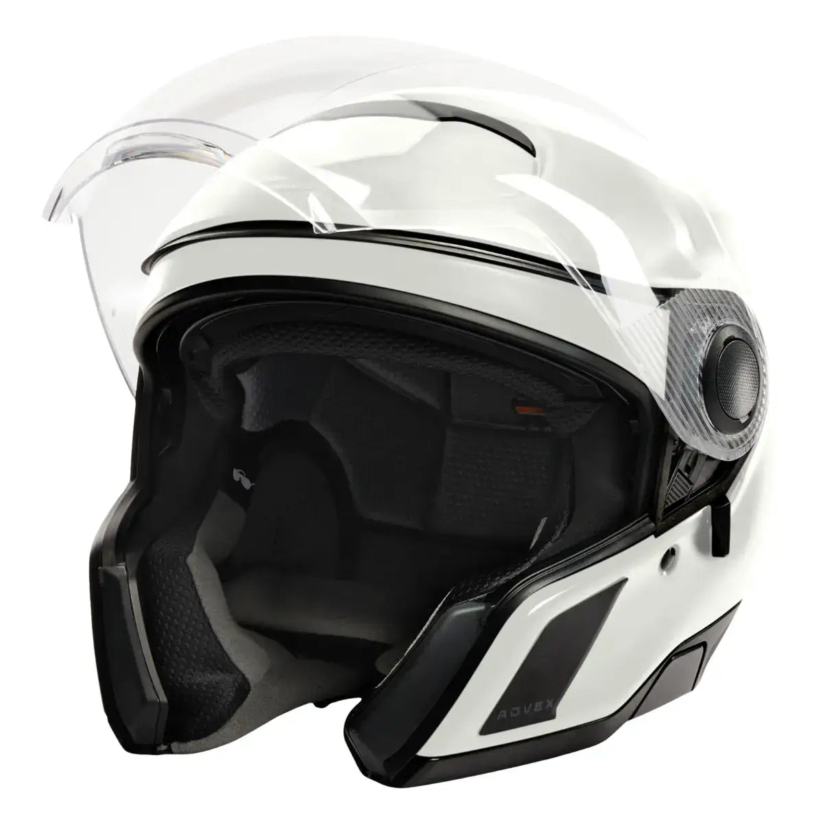 White motorcycle helmet with clear visor on a white background