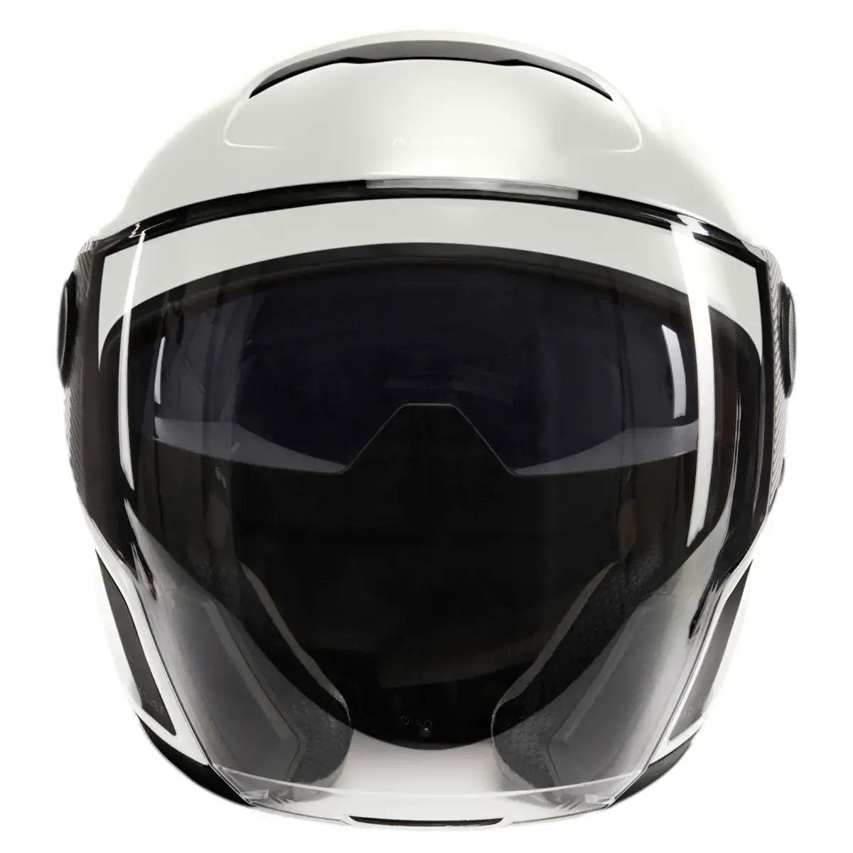 White motorcycle helmet with a clear visor on a white background