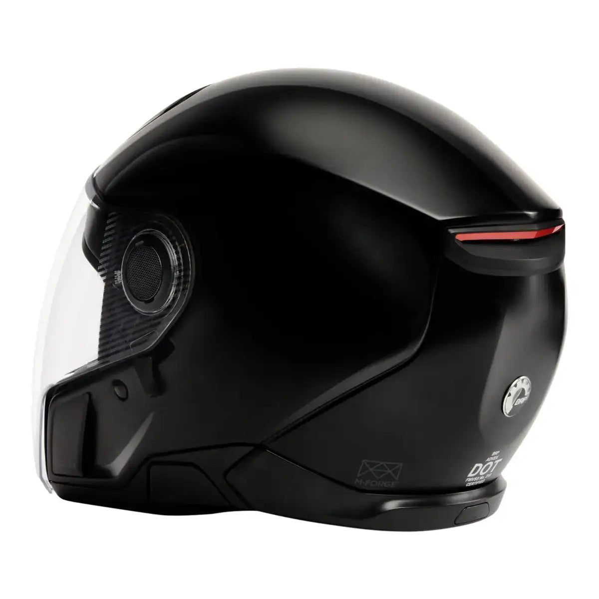 Black motorcycle helmet with clear visor on a white background