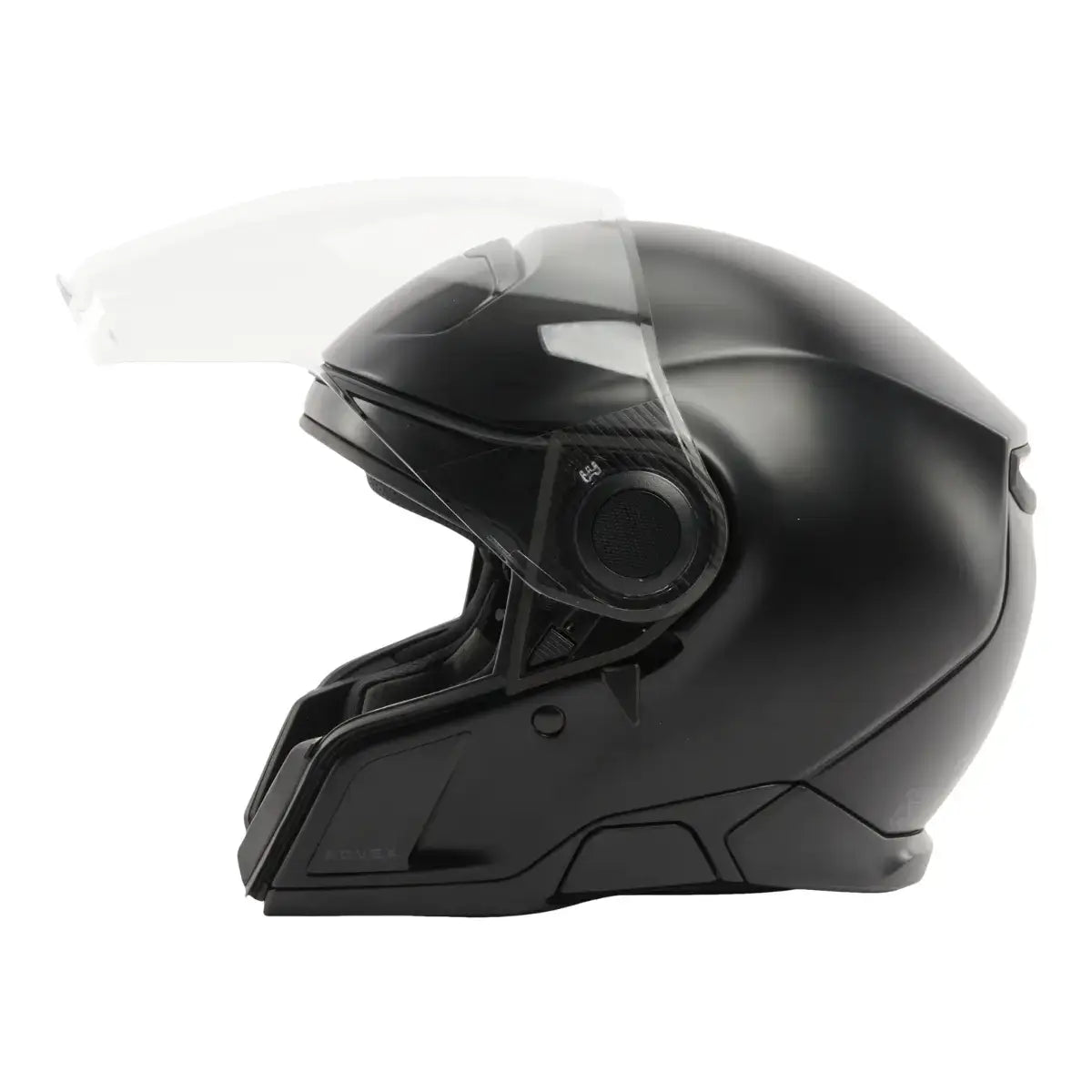 Black motorcycle helmet with clear visor on a white background