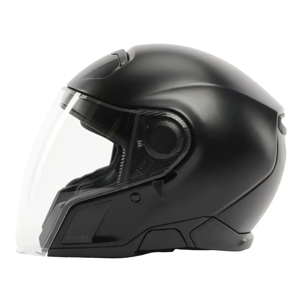 Black motorcycle helmet with clear visor on a white background