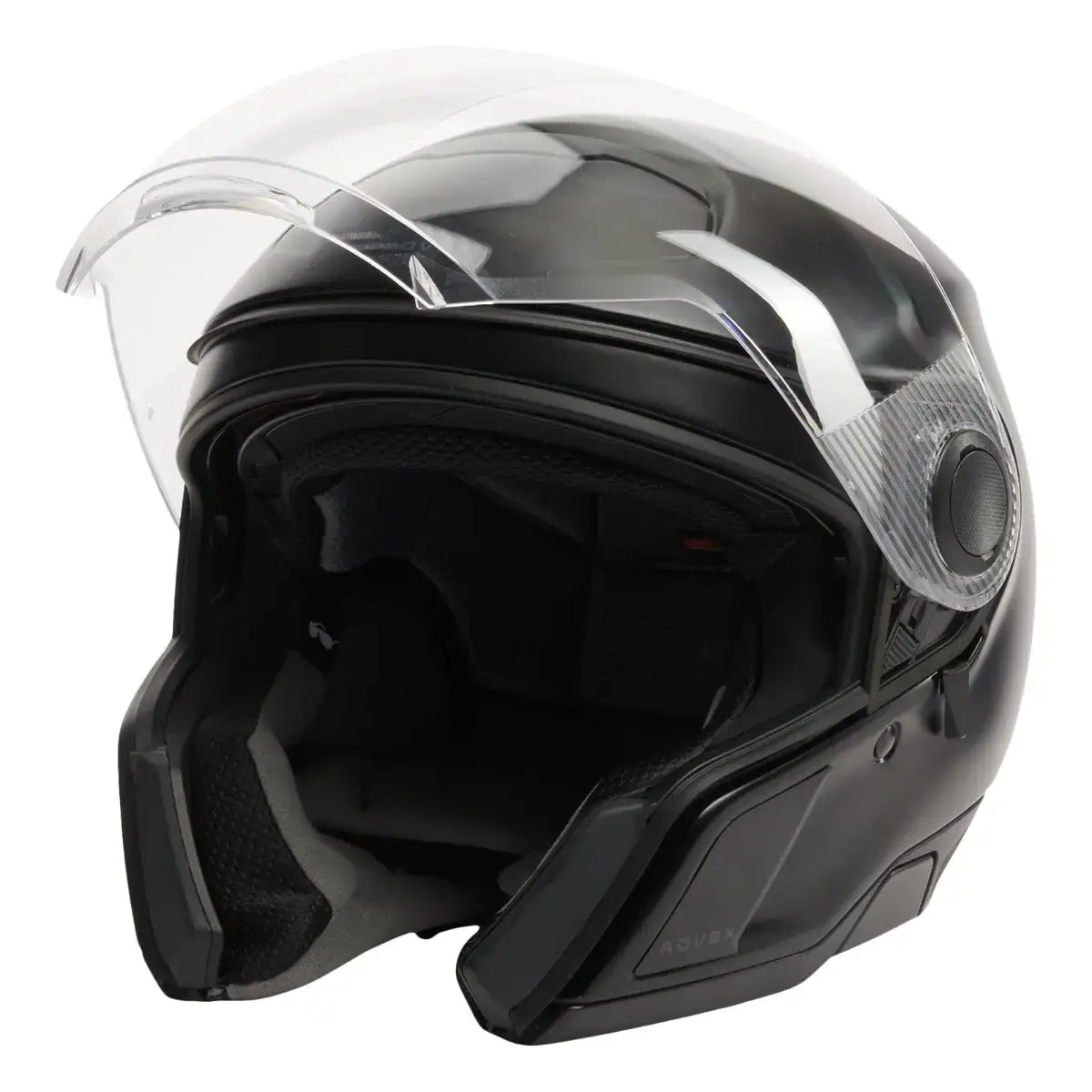 Black motorcycle helmet with clear visor on a white background
